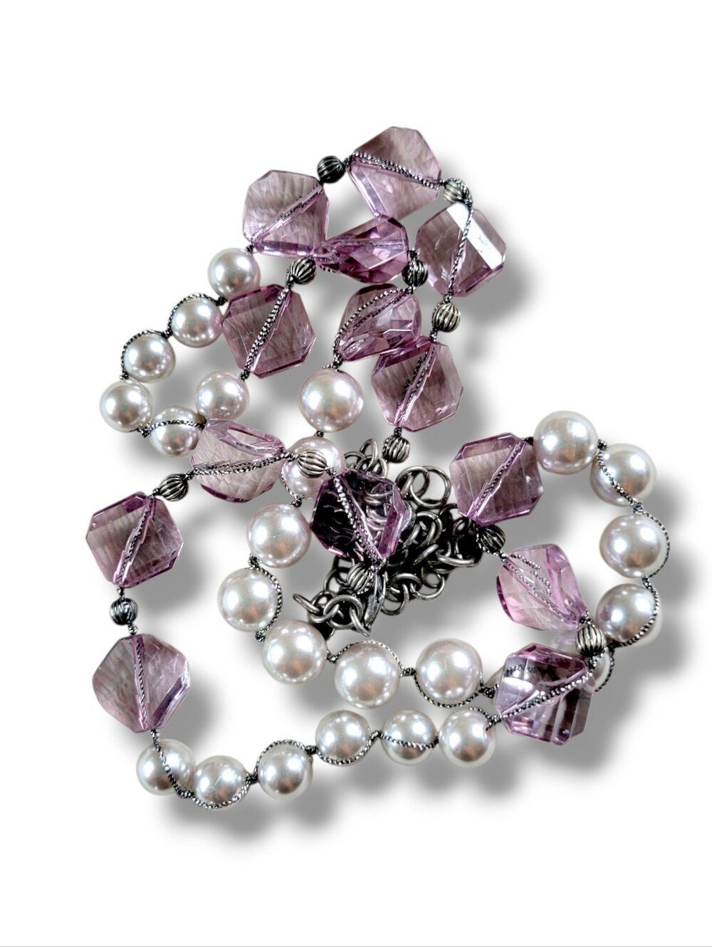 LOFT | Long Elegant Silver Tone Lavender Crystal & Faux Pearl Necklace - Picture 2 of 9